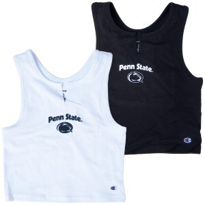 women's navy and white v-notch cropped tanks with Penn State arched above Athletic Logo